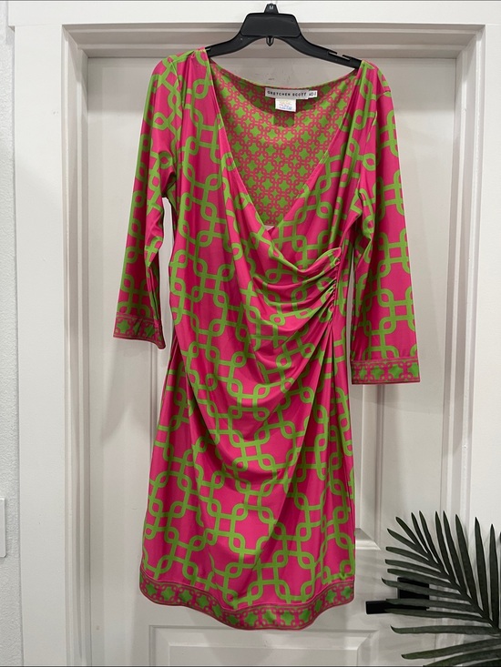 Gretchen Scott Designs Dresses & Skirts - Gretchen Scott NWOT Bright Pink & Green FAUX WRAP Geometric Dress.
